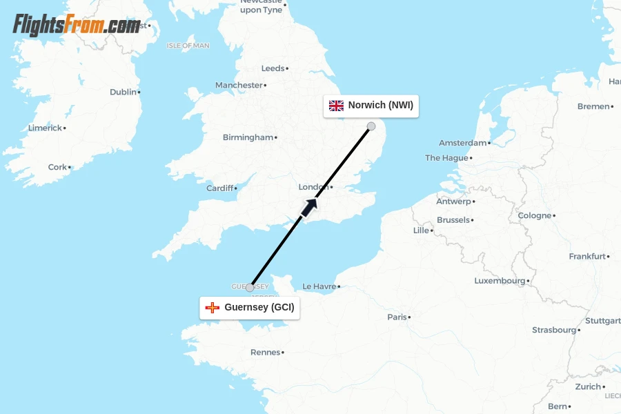 Flights from Guernsey to Norwich route map