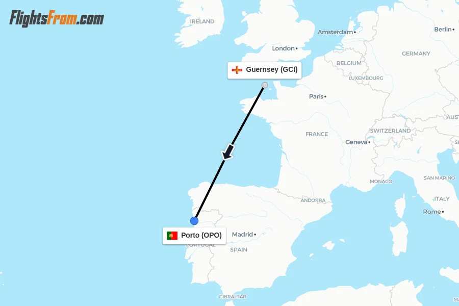 Flights from Guernsey to Porto route map