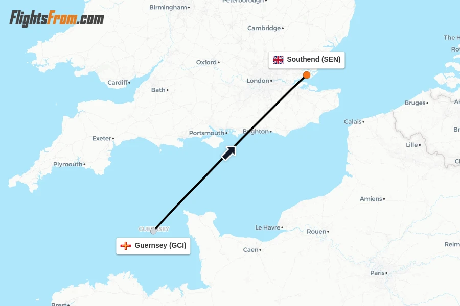 Flights from Guernsey to Southend route map