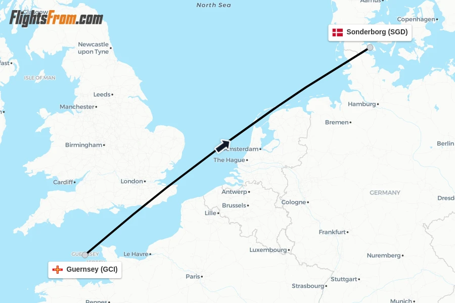 Flights from Guernsey to Sonderborg route map