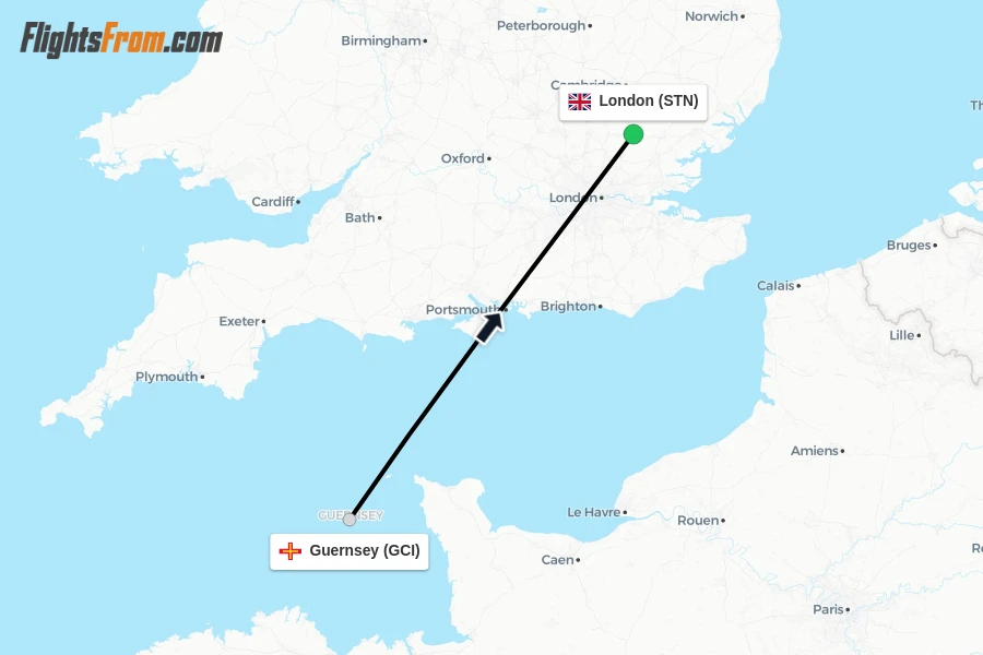Flights from Guernsey to London route map