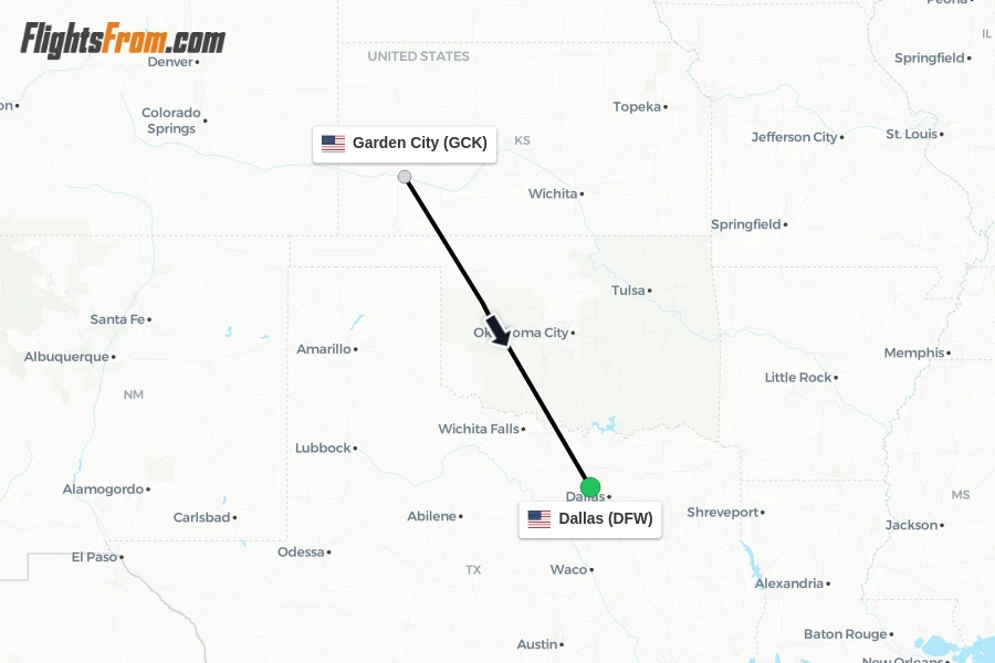 Flights from Garden City to Dallas route map