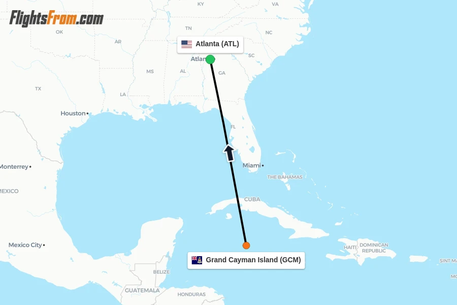 Flights from Grand Cayman Island to Atlanta route map