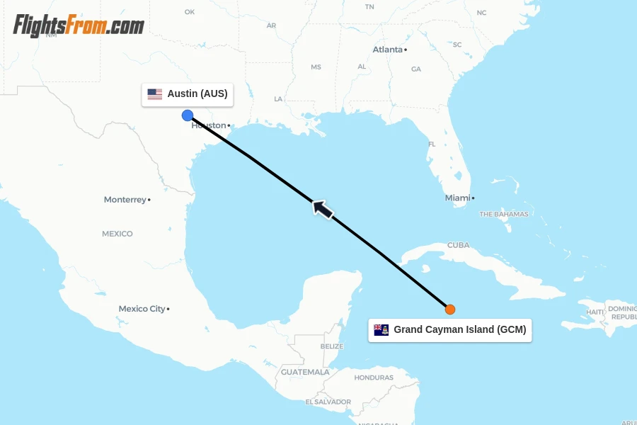 Flights from Grand Cayman Island to Austin route map