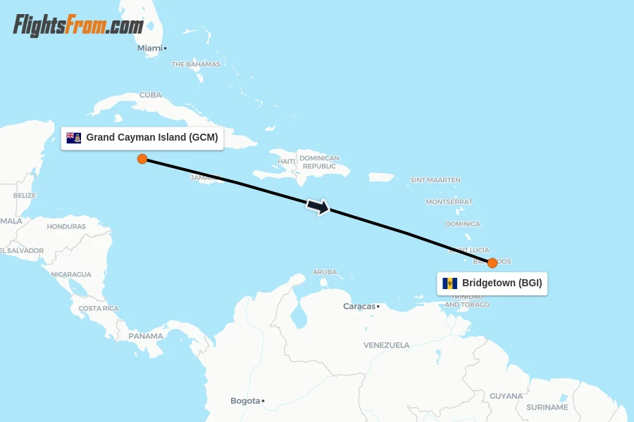 Flights from Grand Cayman Island to Bridgetown route map