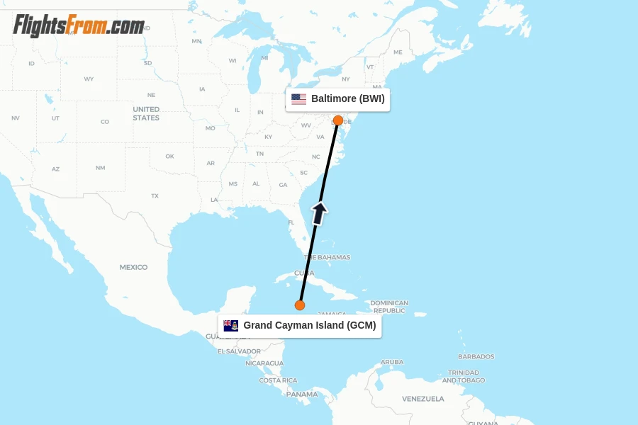 Flights from Grand Cayman Island to Baltimore route map