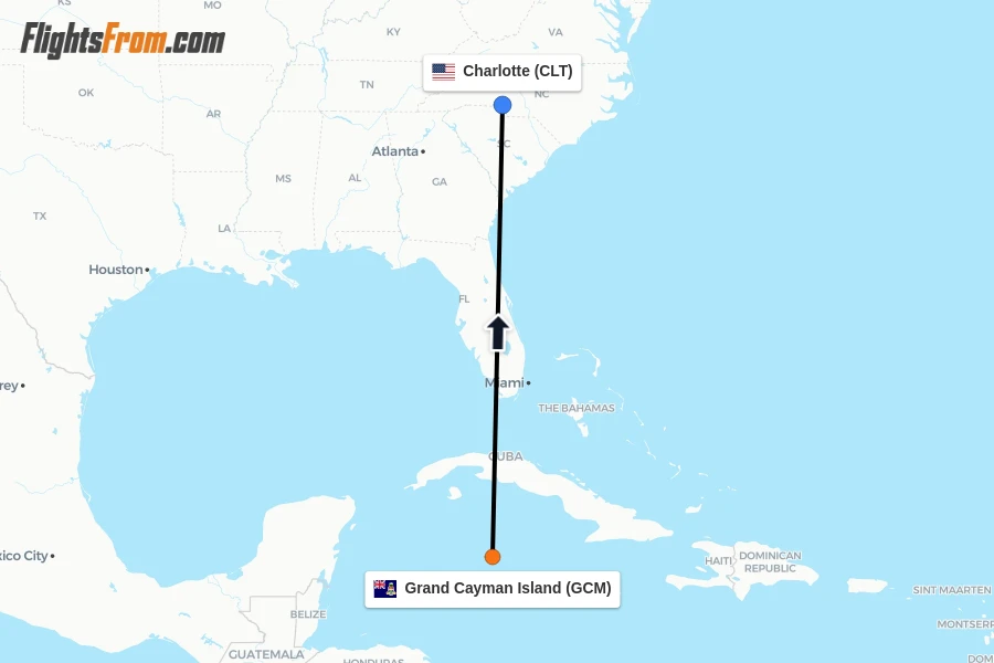 Flights from Grand Cayman Island to Charlotte route map