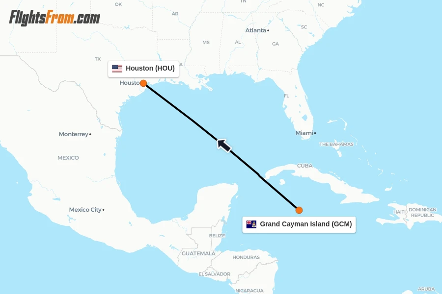 Flights from Grand Cayman Island to Houston route map