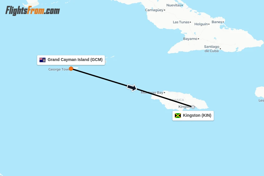 Flights from Grand Cayman Island to Kingston route map