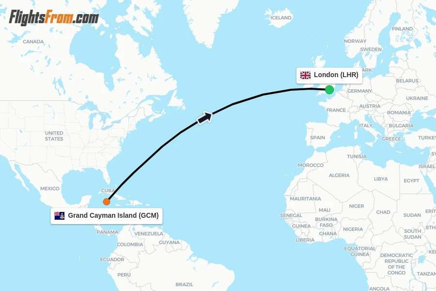 Flights from Grand Cayman Island to London route map