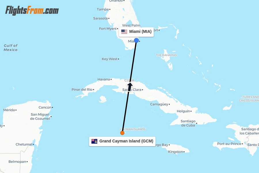 Flights from Grand Cayman Island to Miami route map