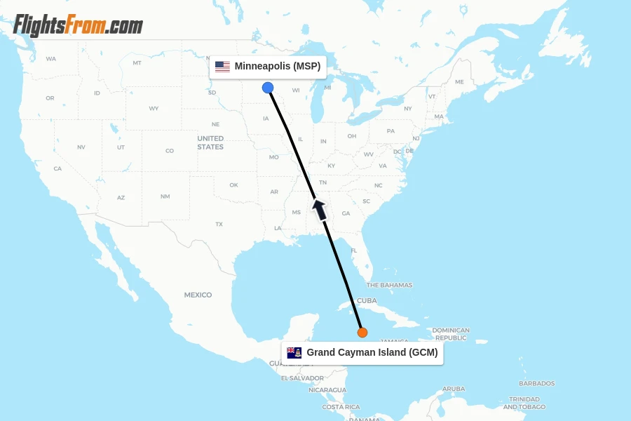Flights from Grand Cayman Island to Minneapolis route map