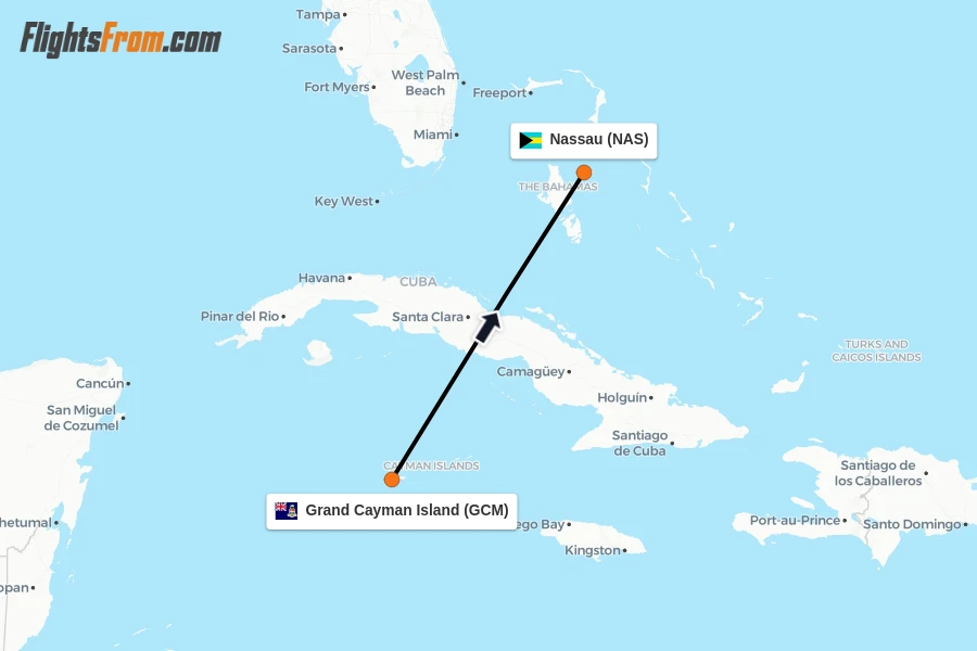 Flights from Grand Cayman Island to Nassau route map
