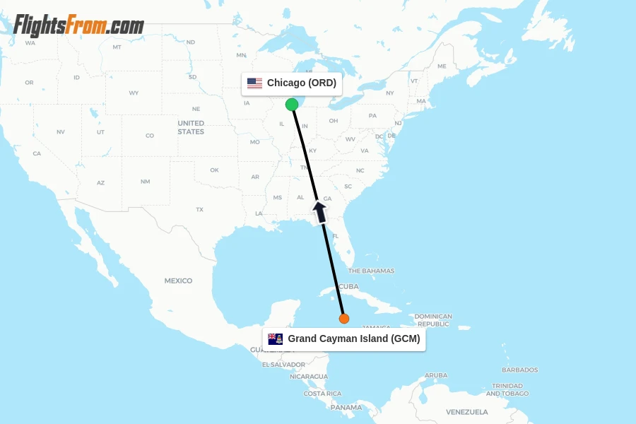 Flights from Grand Cayman Island to Chicago route map