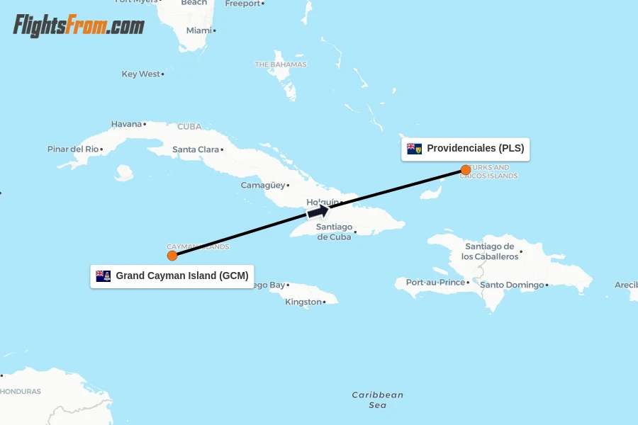Flights from Grand Cayman Island to Providenciales route map