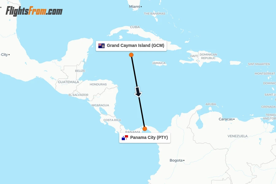 Flights from Grand Cayman Island to Panama City route map