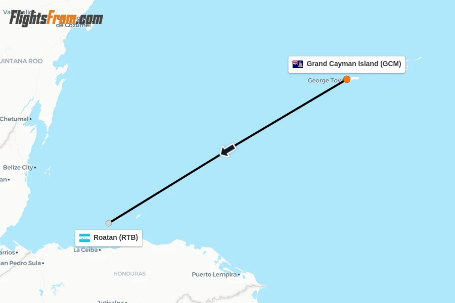 Flights from Grand Cayman Island to Roatan route map