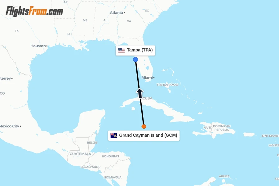 Flights from Grand Cayman Island to Tampa route map