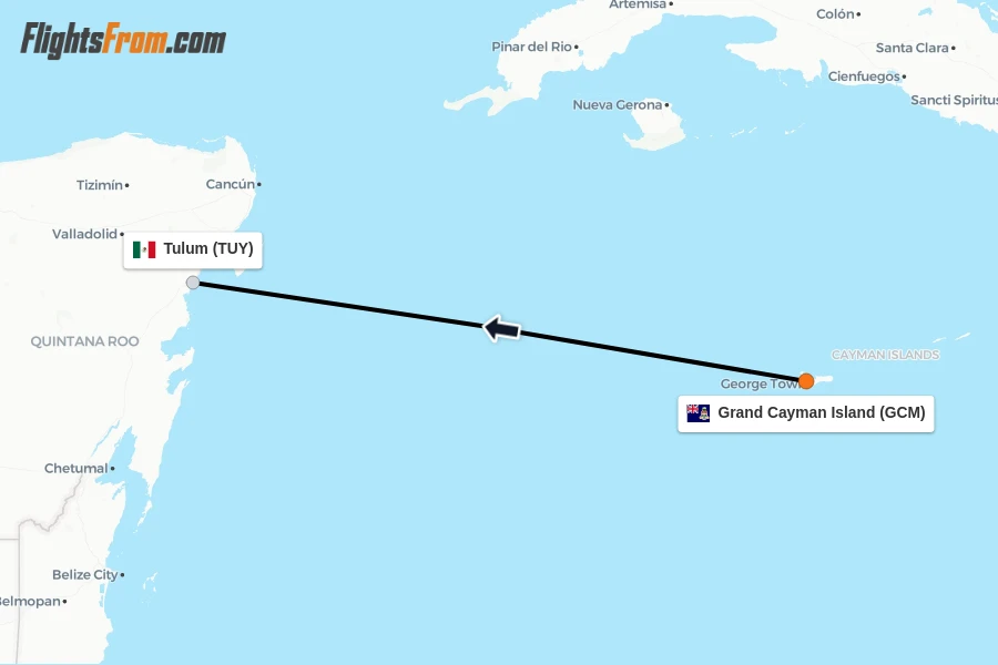 Flights from Grand Cayman Island to Tulum route map