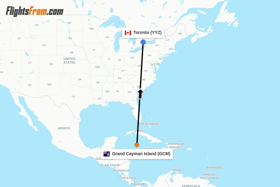Flights from Grand Cayman Island to Toronto route map