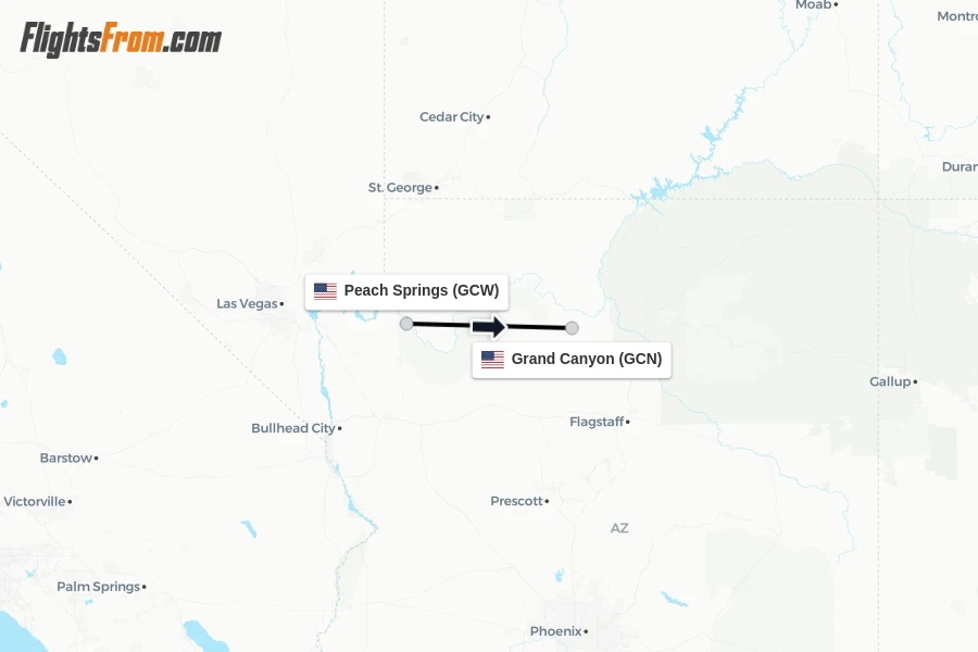 Flights from Peach Springs to Grand Canyon route map