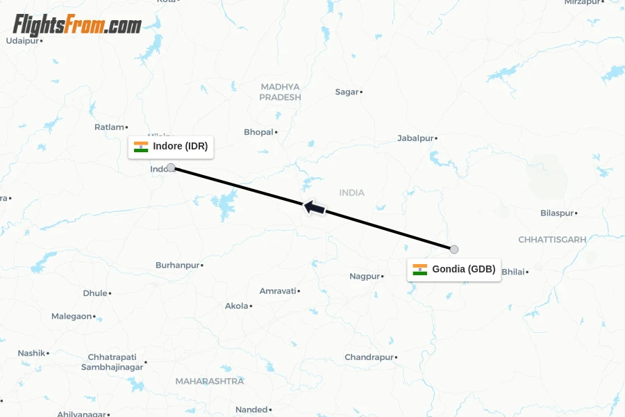 Flights from Gondia to Indore route map