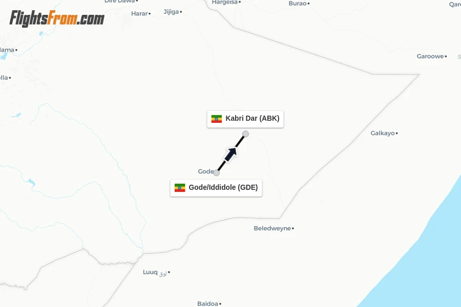 Flights from Gode/Iddidole to Kabri Dar route map