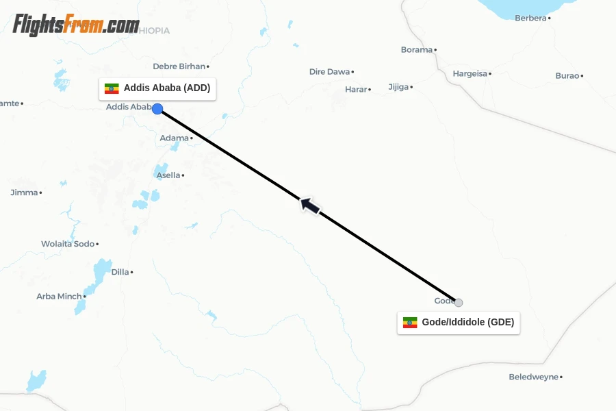 Flights from Gode/Iddidole to Addis Ababa route map