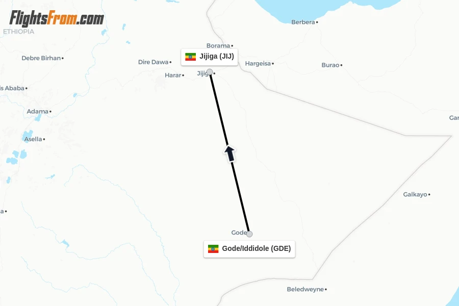 Flights from Gode/Iddidole to Jijiga route map