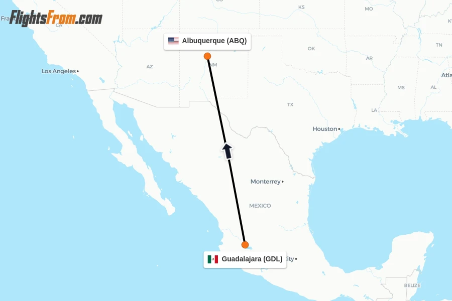 Flights from Guadalajara to Albuquerque route map