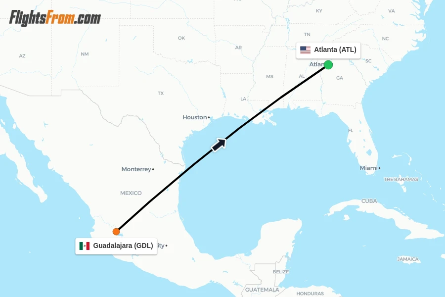 Flights from Guadalajara to Atlanta route map