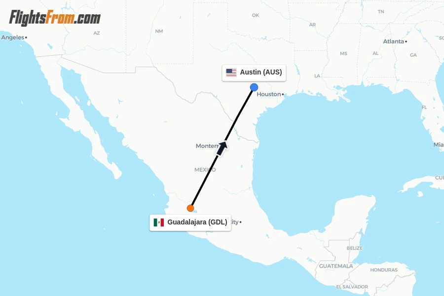 Flights from Guadalajara to Austin route map