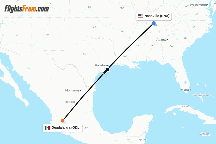 Flights from Guadalajara to Nashville route map