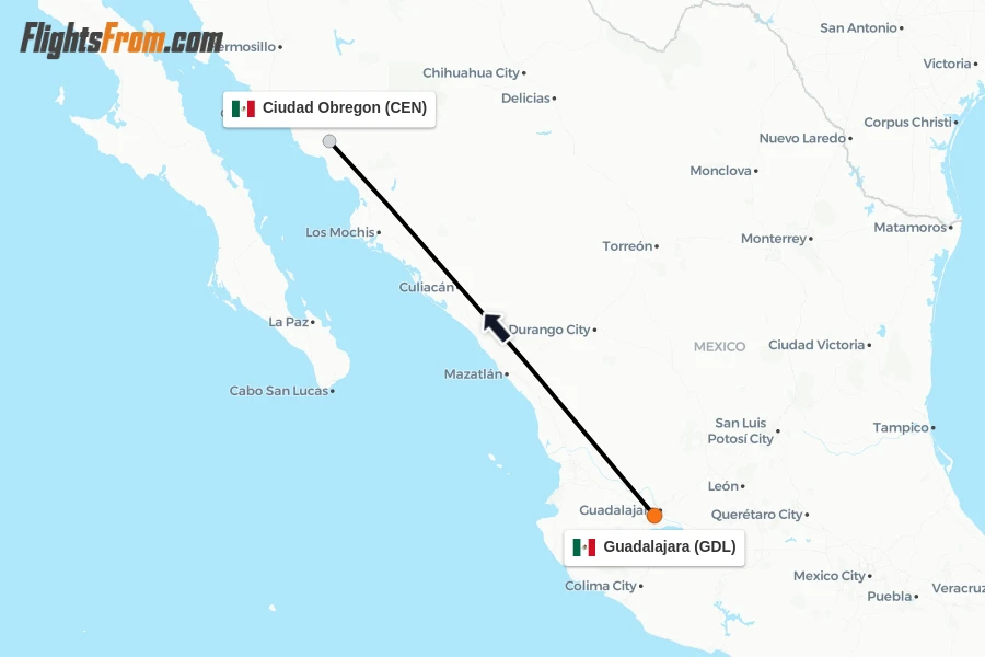 Flights from Guadalajara to Ciudad Obregon route map