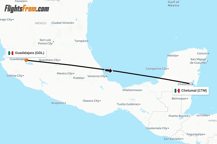 Flights from Guadalajara to Chetumal route map