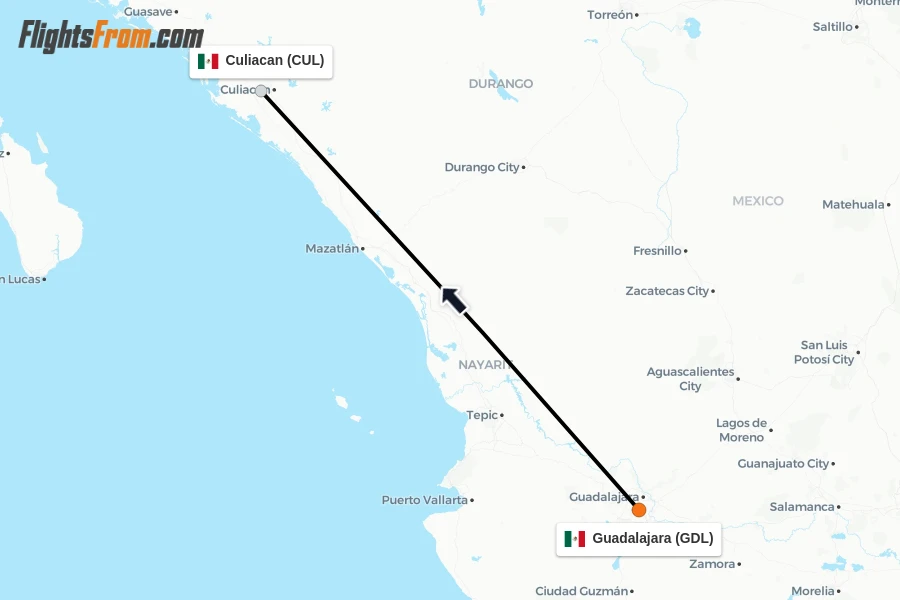 Flights from Guadalajara to Culiacan route map