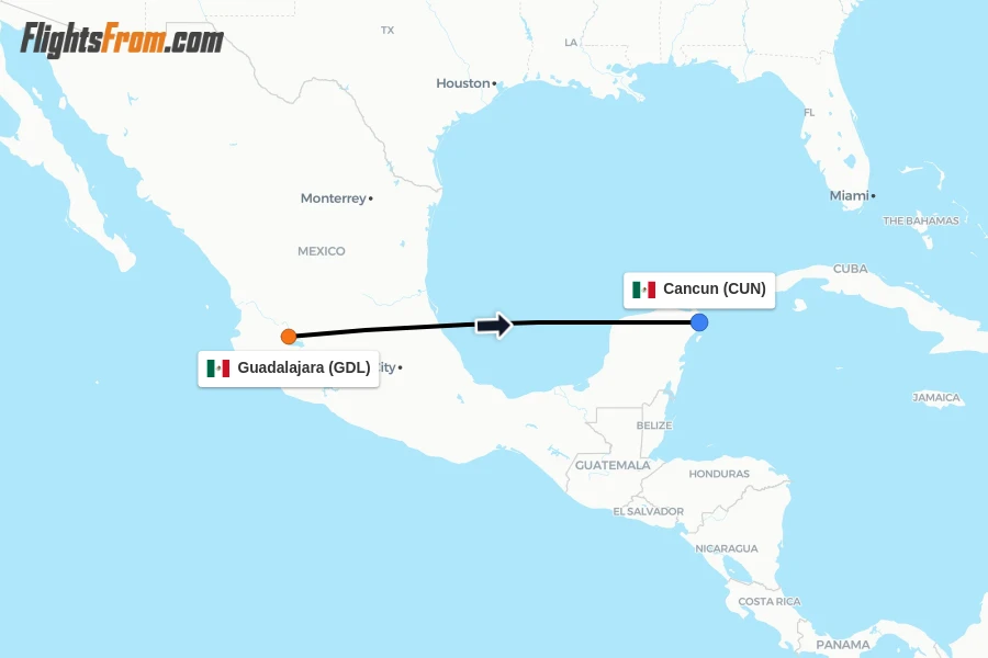 Flights from Guadalajara to Cancun route map