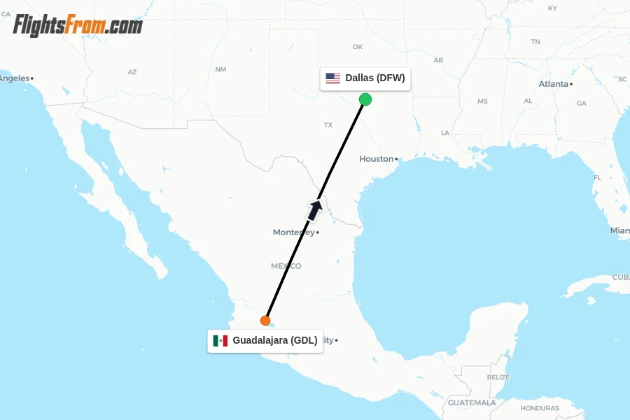 Flights from Guadalajara to Dallas route map