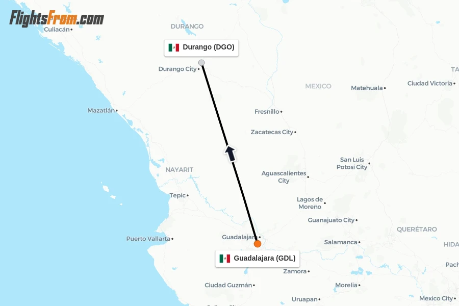 Flights from Guadalajara to Durango route map