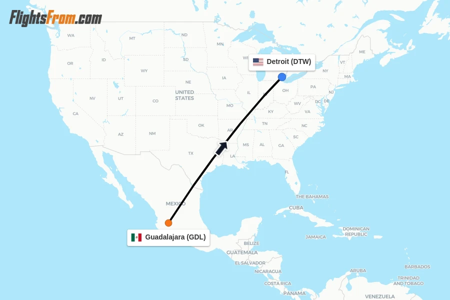 Flights from Guadalajara to Detroit route map