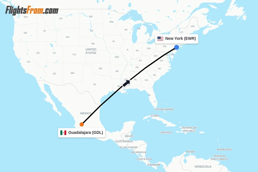 Flights from Guadalajara to New York route map