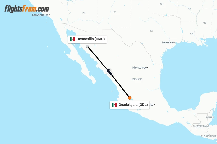 Flights from Guadalajara to Hermosillo route map