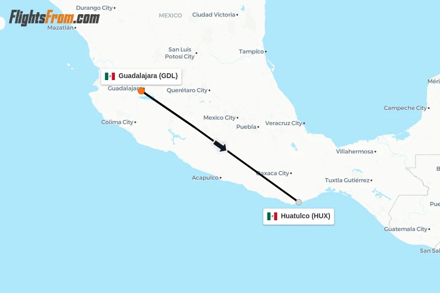 Flights from Guadalajara to Huatulco route map