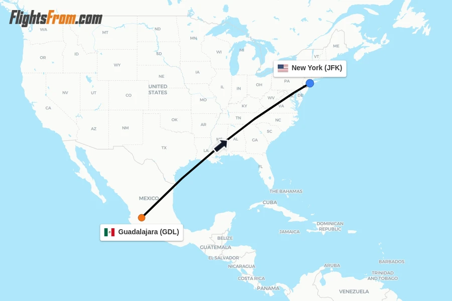 Flights from Guadalajara to New York route map