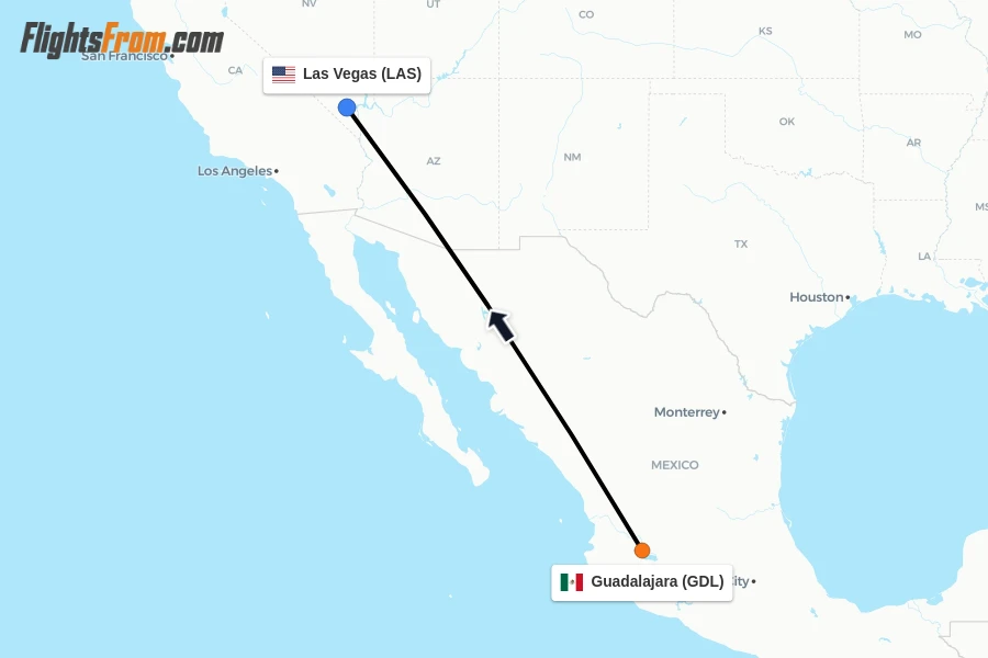 Flights from Guadalajara to Las Vegas route map
