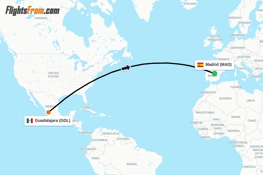 Flights from Guadalajara to Madrid route map