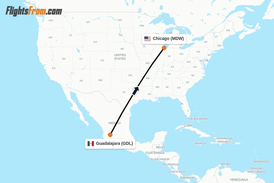 Flights from Guadalajara to Chicago route map