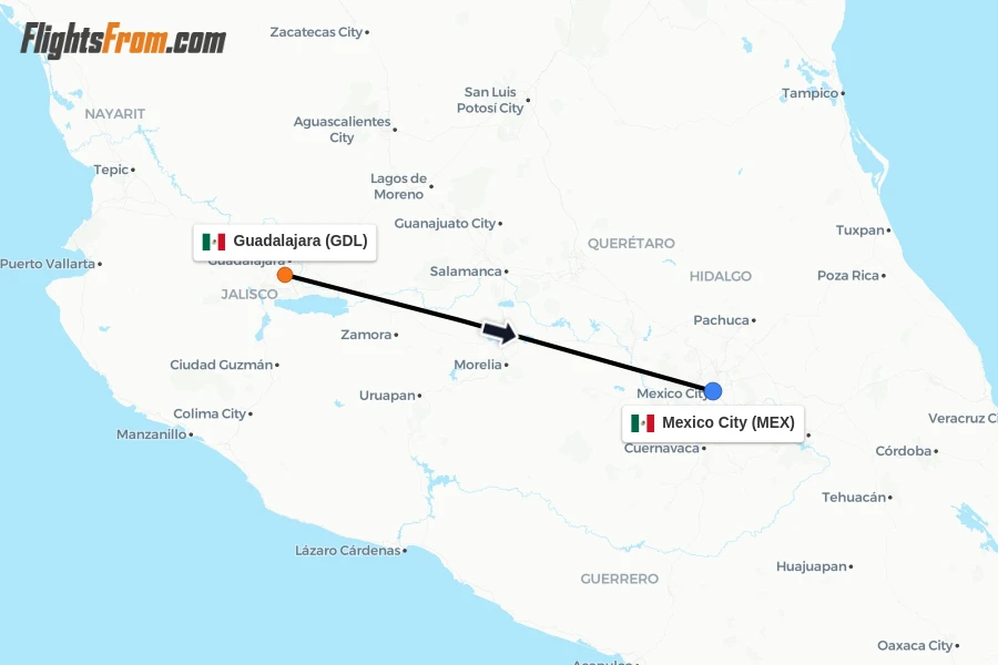 Flights from Guadalajara to Mexico City route map