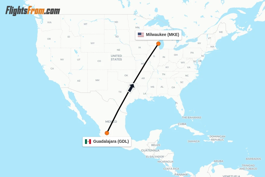 Flights from Guadalajara to Milwaukee route map