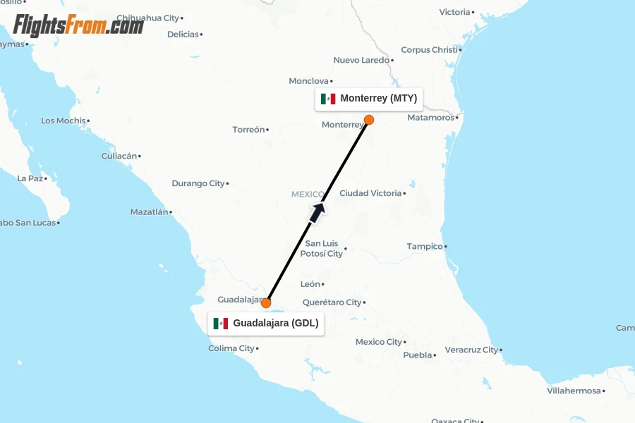 Flights from Guadalajara to Monterrey route map